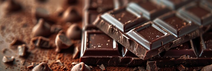 Poster - Dark chocolate bars broken into pieces in a detailed view. Rich food texture for gourmet dessert concepts.