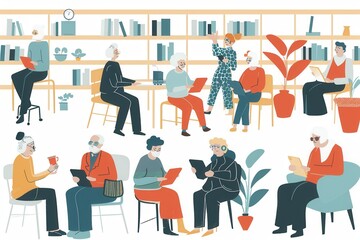 Leinwandbilder - A group of elderly individuals enjoys reading, using tablets, and socializing in a warm library filled with plants and books. Generative AI