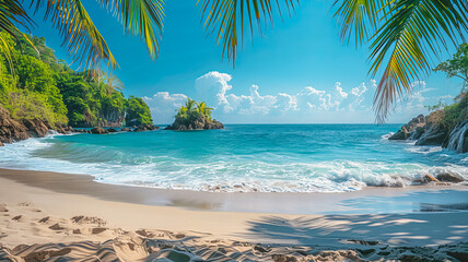 Wall Mural - Scenic view of a tropical beach with palm trees, white sand and turquoise water