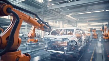 Poster - A car is being built in a factory with robots. Scene is industrial and mechanical