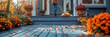 © MarGa - Person sweeping front porch with fall foliage and potted flowers. Concept of seasonal outdoor cleaning and autumn