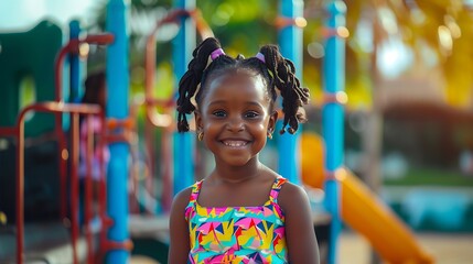 Wall Mural - A young black girl with pigtails, wearing a colorful dress, smiling brightly while standing in a playground.