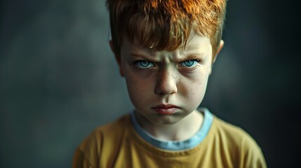 Wall Mural - A young boy with an angry expression, brows knitted together, and lips curled in a snarl.