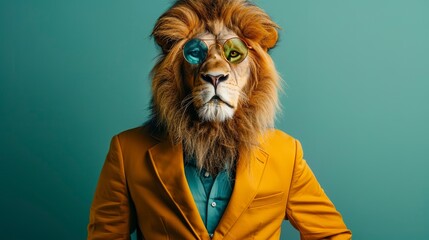 Wall Mural - a stylish lion wearing sunglasses and summer suit on color background, animal funny pop art