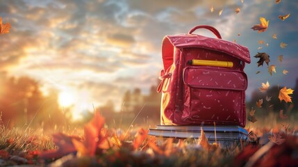 Red backpack in autumn sunset