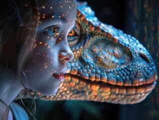 Wall Mural - Girl Facing Dinosaur