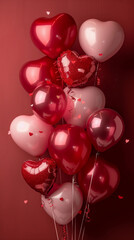 Wall Mural - Pink reddish heart balloons against red background valentines day love romance festive party minimal design cheerful mood celebration romantic decoration helium glossy shiny happy cute kawaii portrait