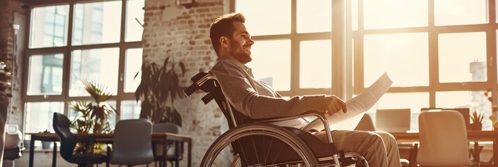 Aufkleber - Smiling man in a wheelchair holding a document in a sunlit office. Promoting positivity and acceptance in the workplace for disabled employees.