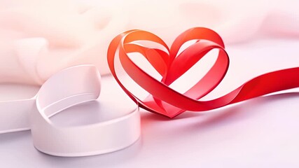 Poster - A red ribbon is wrapped around a white ribbon to form a heart shape. The heart is the main focus of the image, and the ribbon serves as a decorative element. Concept of love and affection