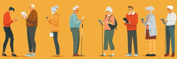Aufkleber - Several elderly people interact with various devices in a vibrant setting, showcasing their engagement with modern technology. Generative AI