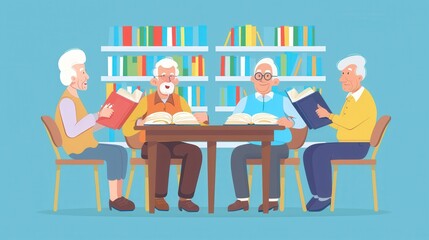 Poster - A group of elderly people studies foreign languages together, using textbooks and dictionaries in a warm, inviting library environment. Generative AI