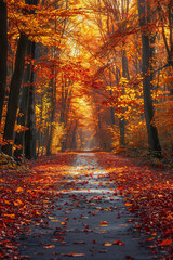 Peaceful Autumn Forest Path Covered in Vibrant Red and Orange Leaves with Sunlight Filtering Through the Trees