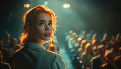 Poster - Redhead ginger caucasian businesswoman delivering a powerful keynote address at a conference standing on stage 