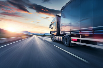 Large semi-truck driving on a highway at sunset