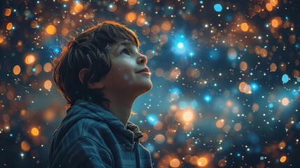 boy looking up at the lights.
