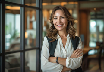 Confident Professional Woman in Modern Office Setting. A photo of a smiling woman in her late 30s to early 40s, with medium brown hair and light skin, standing confidently in a contemporary office.
