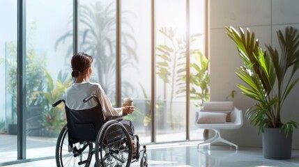 Aufkleber - Businesswoman in a wheelchair holding a coffee cup in a modern office setting. Representation of professional inclusion.