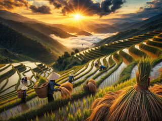 Wall Mural - harvest season in mu cang chai rice terraces, northern vietnam, south east asia under the sunset