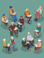 Poster - A group of elderly individuals are studying foreign languages together, focused on their textbooks and dictionaries in a comfortable classroom setting. Generative AI