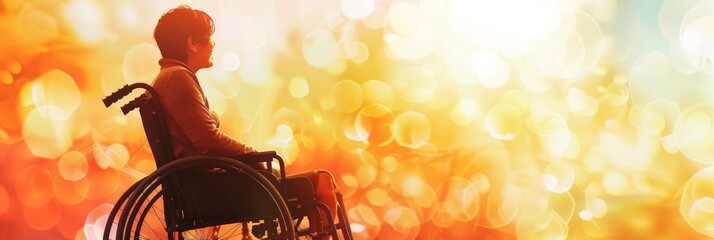 Poster - Person in a wheelchair in a vibrant bokeh background. Celebrating inclusion and accessibility.
