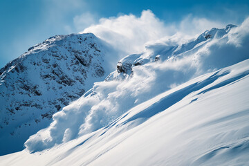 Sticker - A massive avalanche of snow cascading down a steep mountain slope with incredible speed, raising clouds of snow dust and showing the sheer force of the avalanche