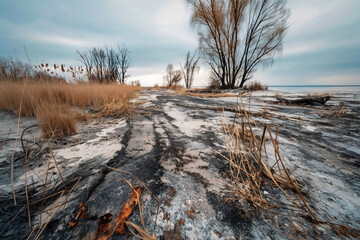 Poster - A charred and blackened landscape after a wildfire has passed, with scorched trees and smoldering ground, highlighting the aftermath and environmental devastation