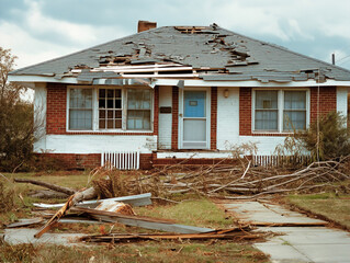 Sticker - Residential homes and buildings severely damaged by a hurricane, with roofs torn off, broken windows, and debris scattered everywhere, showing the devastation and aftermath