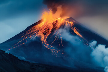 Sticker - A powerful volcanic eruption with lava flows cascading down the slopes and thick columns of ash billowing into the sky, showcasing the raw energy and magnitude