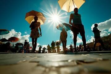 a view of a bustling city under extreme heat, with shimmering air over asphalt, people seeking shade