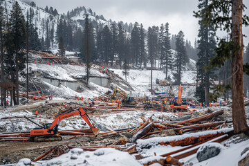 Poster - Workers and community members clearing snow and debris, repairing damaged infrastructure and homes, and rebuilding the affected area, highlighting resilience and recovery