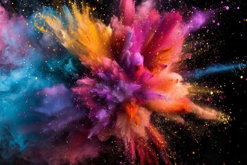 Wall Mural - Colorful holi powder explosion isolated on black background. Multicolored holi bomb burst . Creativity and abstract art concept.