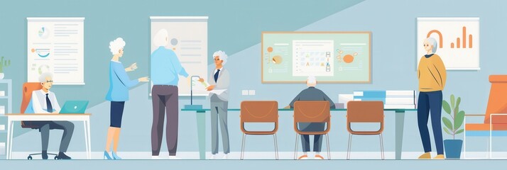 Poster - A group of elderly people participates in an interactive workshop, sharing ideas and collaborating in a bright, modern meeting area. Generative AI