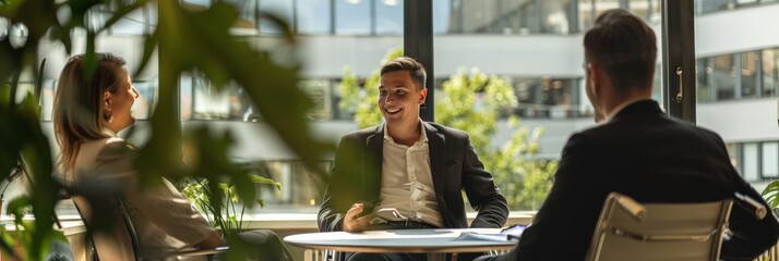 Aufkleber - Man in a wheelchair having a meeting in a modern glass office surrounded by plants. Highlighting professional inclusion and eco-friendly workspaces.