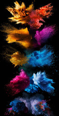 Wall Mural - Colorful holi powder explosion isolated on black background. Multicolored holi bomb burst . Creativity and abstract art concept.