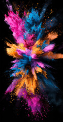 Wall Mural - Colorful holi powder explosion isolated on black background. Multicolored holi bomb burst . Creativity and abstract art concept.
