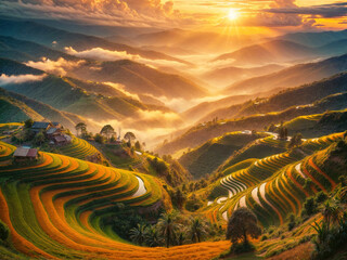 Wall Mural - landscape of rice terraces in harvest season under the sunset in ha giang, vietnam