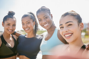 Wall Mural - Girl, friends and portrait selfie outdoor with smile for training memory, profile picture post and exercise break. Fitness group, women and happy with photography in nature for workout blog update