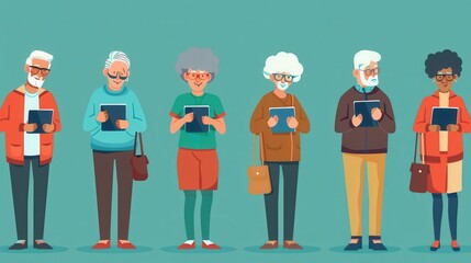 Aufkleber - A diverse group of elderly individuals stands together, using tablets and showing expressions of concentration and engagement. Generative AI