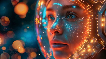 A close-up of the face of a cyberwoman, wearing a helmet with orange lights.