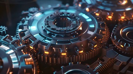 Fototapete - A close up of a blue and orange gear with a yellow center. The gear is surrounded by other gears, creating a sense of movement and energy