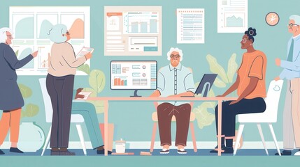 Aufkleber - A diverse group of elderly individuals collaborates around a table, discussing ideas while reviewing documents and digital presentations at a community center. Generative AI