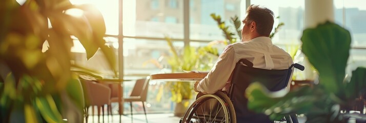 Aufkleber - Man in wheelchair at a table surrounded by greenery in a bright and airy workspace. Promoting accessibility and natural work environments.