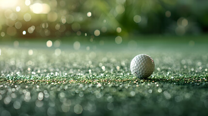 Golf ball on dewy grass at dawn