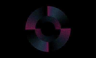 Poster - Abstract circle line pattern spin blue pink dots light isolated on black background in the concept of music, technology, digital	