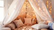 © artbyrookie - Book Lovers Day 'A whimsical reading space with a canopy tent filled with pillows, string lights creating a magical atmosphere, a stack of books, and a soft carpet underfoot.'