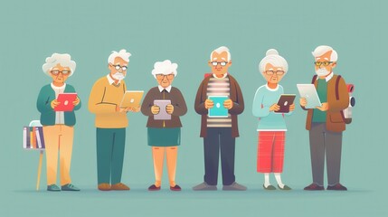 Aufkleber - A group of elderly individuals uses various digital devices together, enjoying each other's company during an afternoon gathering at a community center. Generative AI