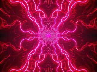 Vibrant neon pink red abstract light art with fluid, glowing lines creating a symmetrical, futuristic, and dynamic visual effect. Creative background for a party celebration