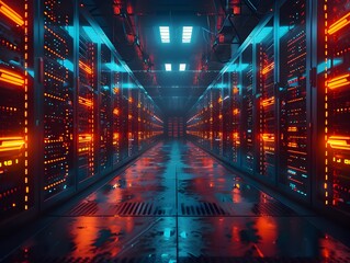 Poster - futuristic high tech data center with rows of servers and glowing lights