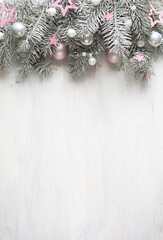 Wall Mural - Christmas and New Year background..Fir branch with Christmas decorations old wooden shabby background with empty space for text.