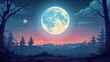 © ChomStyle - Mysterious full moon, eerie landscape, Halloween night, flat design illustration
